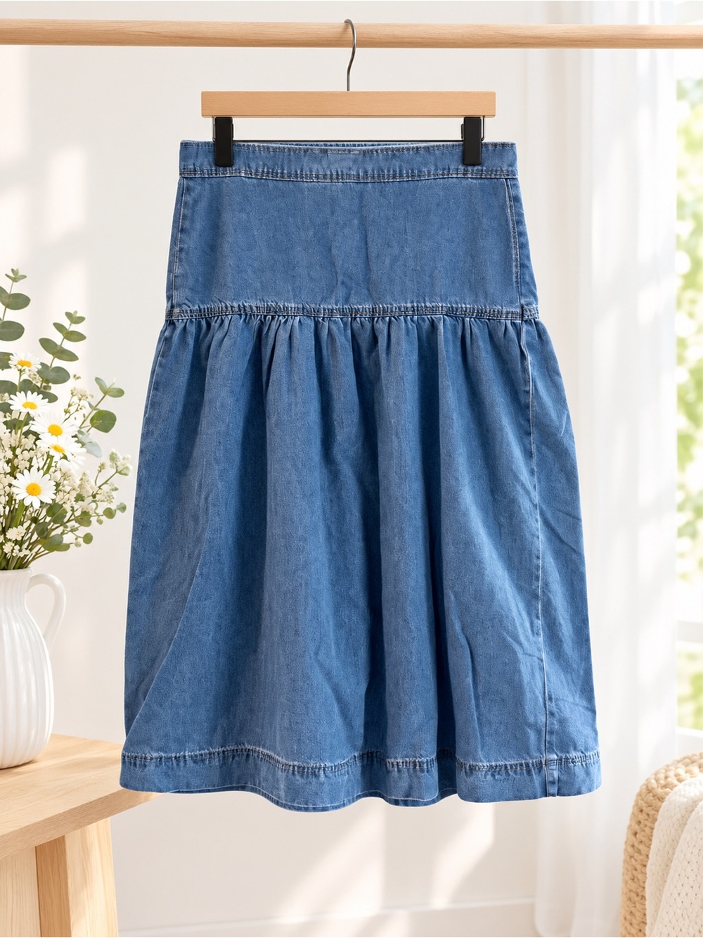 Denim Tiered A-Line Skirt - Blue